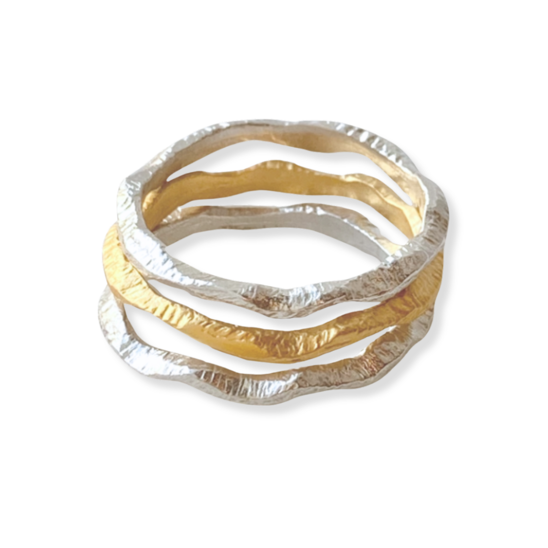 Wavy Mixed Metals Stackable Ring Set 3-piece