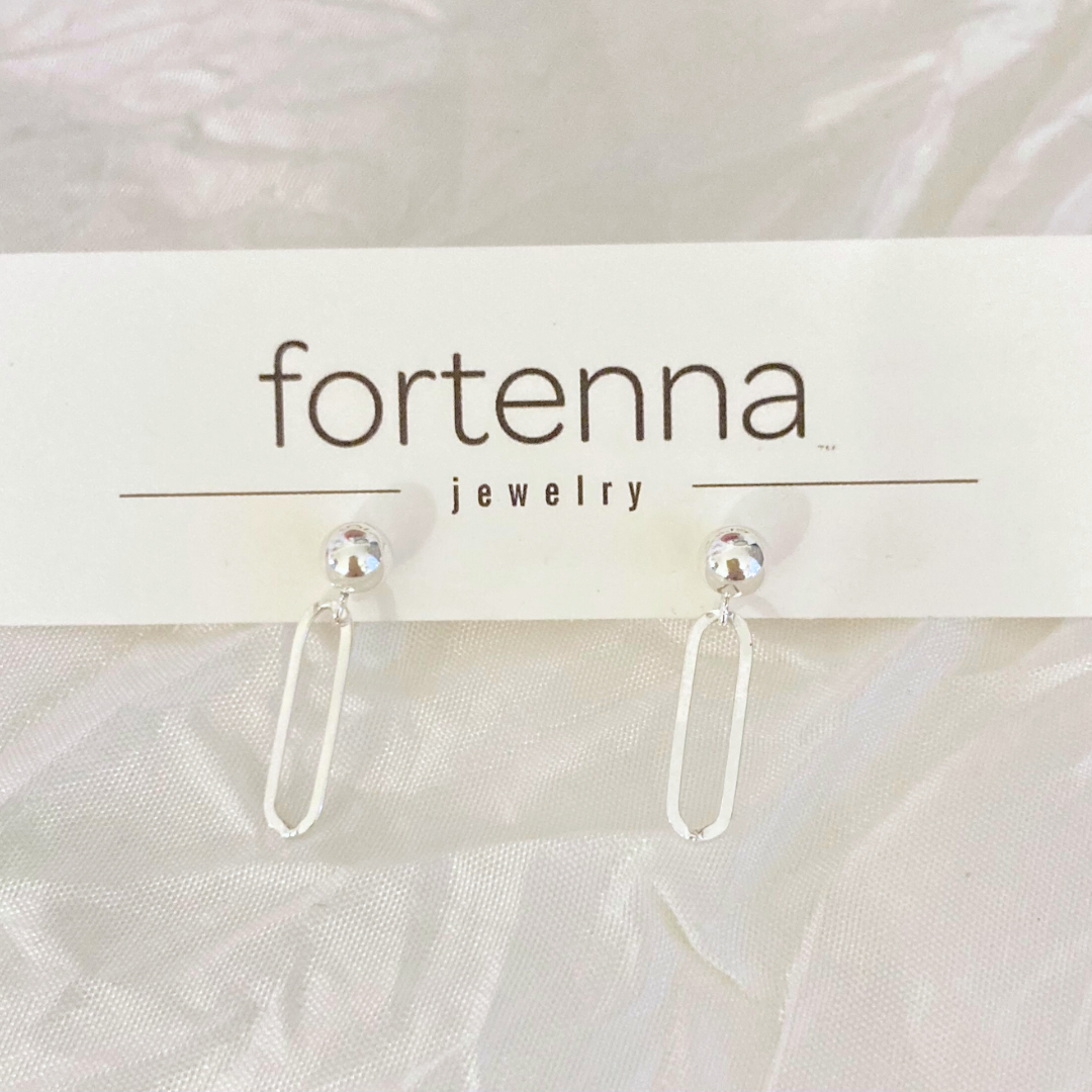 These earrings are a perfect complement to the fortenna paperclip bracelet and necklace. A sterling silver ball and oval cable chain link create a classic everyday look.