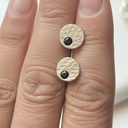 Sterling Silver & Black Spinel Orbit Disc Earrings