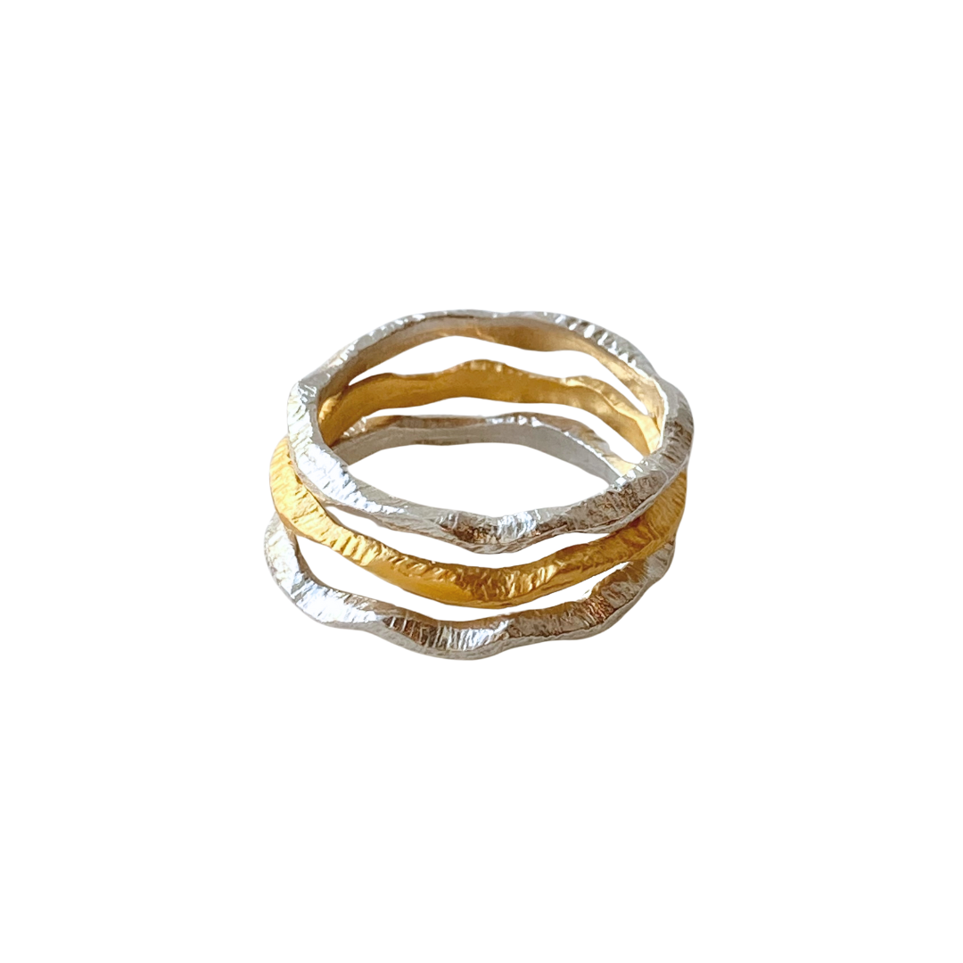 Wavy Mixed Metals Stackable Ring Set 3-piece