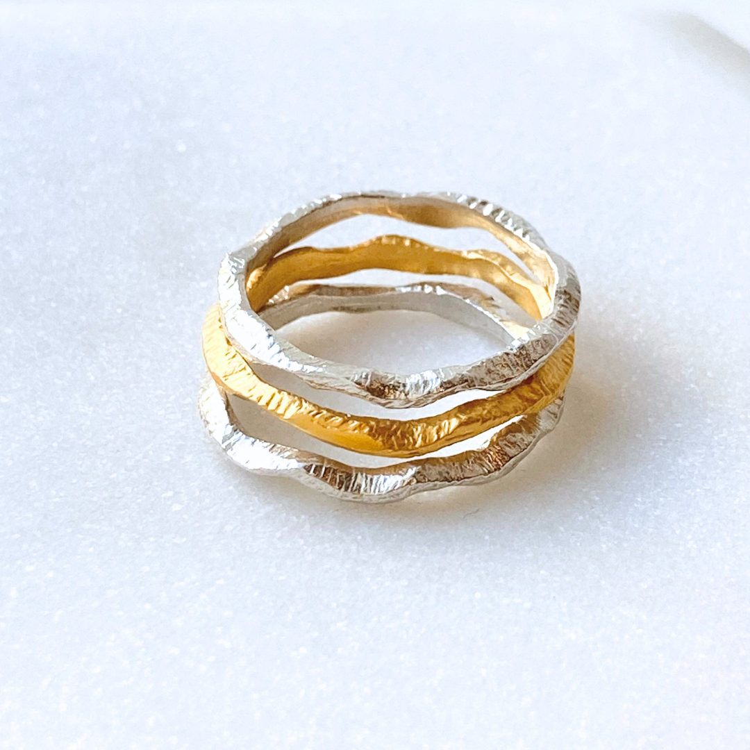 Wavy Mixed Metals Stackable Ring Set 3-piece