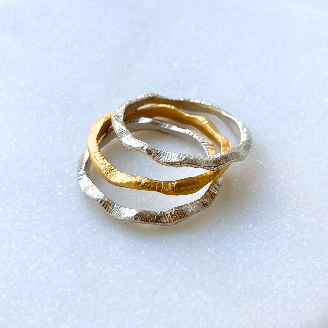 Wavy Mixed Metals Stackable Ring Set 3-piece