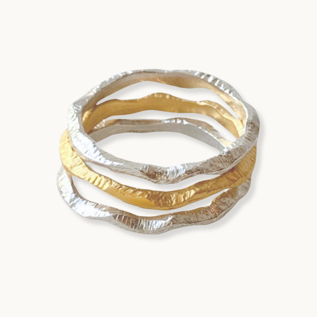 Wavy 18k Gold Mixed Metals Stackable Ring Set 3-piece